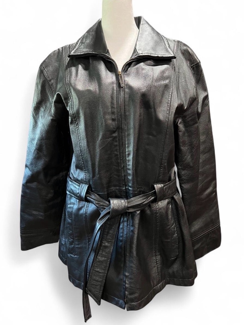 Women's Vintage 90s Black Leather Outbrook Belted Jac… - Gem